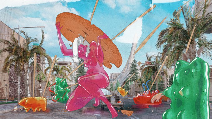 A surreal, collage-style digital artwork featuring glossy, translucent pink and green gummy-like figures in a street scene with palm trees, wooden sticks protruding, and a figure holding a large brown shape overhead.