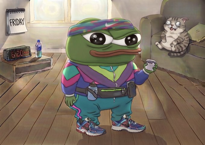 A cartoon illustration of Pepe the Frog wearing 80s-style workout gear including a colorful headband, jacket, and sneakers, holding a cup in a room with a cat on a couch.