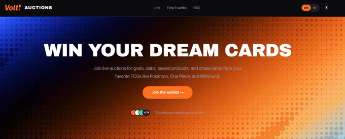 The image features a website called "Voltt Auctions" with a banner at the top that reads "Win Your Dream Cards". The website appears to be focused on selling collectibles such as Pokémon cards, and it has a design reminiscent of a comic book cover. The text in the image is related to the post about the future of TCG Auctions, which suggests that the website might be promoting a new platform for collectors or auction enthusiasts to buy, sell, and bid on their favorite items.
