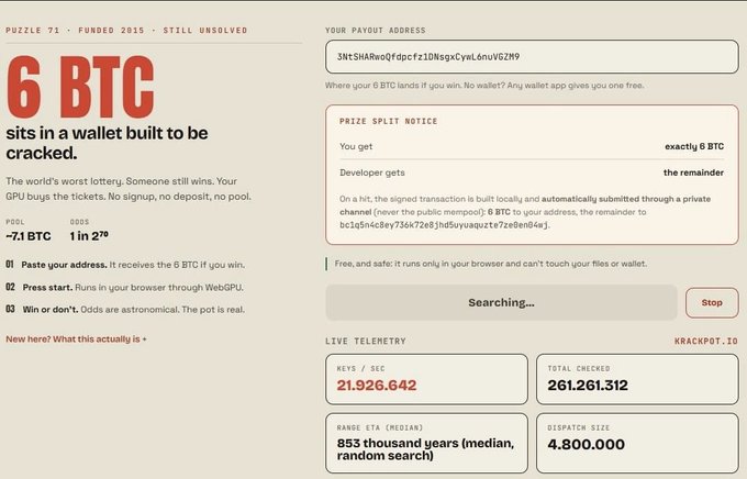 A webpage for 'Puzzle 71' showing a 6 BTC prize, described as 'sits in a wallet built to be cracked', with live telemetry data including '21,926.642' KEYS/SEC and '261,261,312' TOTAL CHECKED.