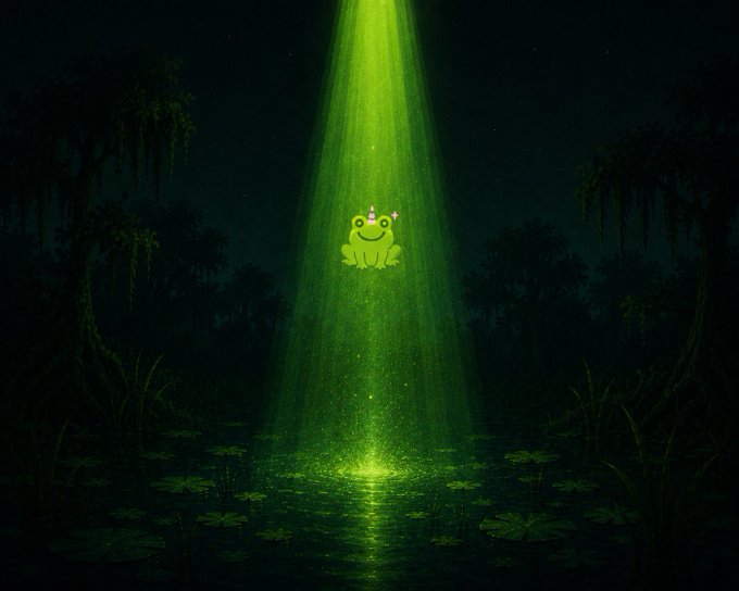 A Pepe the Frog character wearing a party hat with a glowing green beam of light shining down on it through a dark swamp setting.