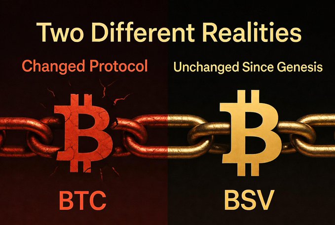A side-by-side comparison graphic titled 'Two Different Realities' showing BTC labeled as 'Changed Protocol' (with cracked red chain links) versus BSV labeled as 'Unchanged Since Genesis' (with golden chain links).