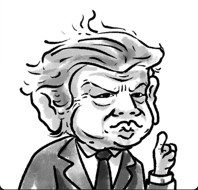 A black-and-white ink caricature of Donald Trump pointing upward with his index finger.