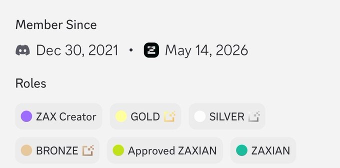 A profile page with 'Member Since Dec 30, 2021' and 'May 14, 2026' displayed, listing Roles including 'ZAX Creator', 'GOLD', 'SILVER', 'BRONZE', 'Approved ZAXIAN', and 'ZAXIAN'.