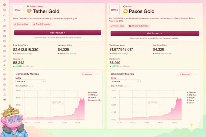 The image shows two spreadsheets with information about coin prices and their respective changes over time. The spreadsheet titled "Tether Gold" provides data on various aspects of the gold market, such as its current value, changes over time, and recent activity within the tokenized gold space. This type of chart could be useful for investors who are interested in buying or selling digital assets like tokens.