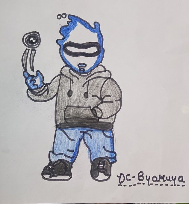 A hand-drawn cartoon illustration of a character with blue hair wearing a VR headset and a hoodie, holding a controller, signed 'DC-Byatluya' in the bottom right corner.