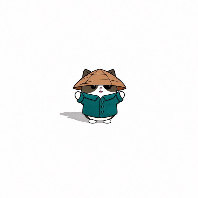 The image shows a cute chibi-style cartoon cat wearing a traditional conical bamboo hat and a teal traditional outfit, likely inspired by East Asian culture. 

The post pairs this whimsical illustration with a cheerful "Good Morning WEB3, Happy New Week Y'all" greeting, where the cat in its farmer/hermit attire adds a charming, zen-like vibe to welcome the community into a fresh week.
