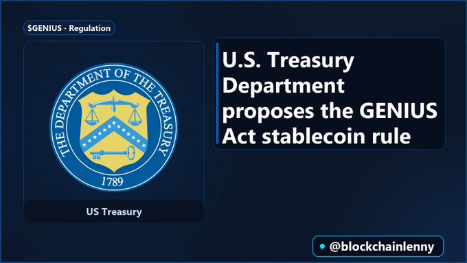 An informational graphic stating 'U.S. Treasury Department proposes the GENIUS Act stablecoin rule' featuring the Department of the Treasury seal, branded '@blockchainlenny'.