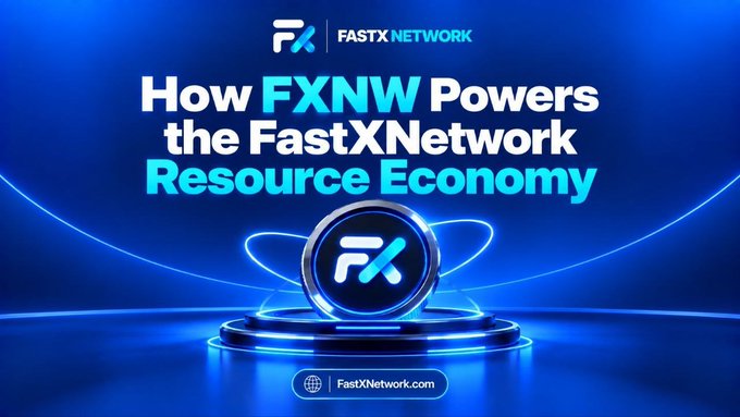 Promotional graphic for FastXNetwork featuring the text 'How FXNW Powers the FastXNetwork Resource Economy' with the FXNW logo and 'FastXNetwork.com' at the bottom.