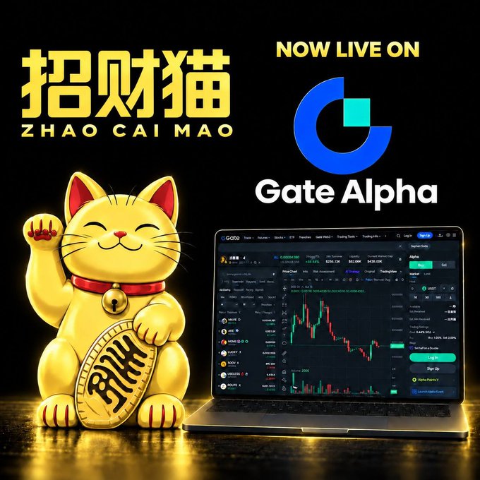 A promotional graphic for 'ZHAO CAI MAO' (招财猫) cryptocurrency announcing it is 'NOW LIVE ON Gate Alpha,' featuring a golden Maneki-neko lucky cat holding a coin next to a laptop showing trading charts.