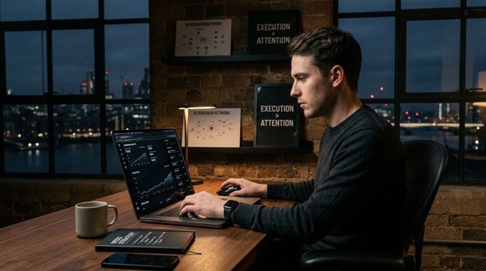 A man in a black sweater works on a laptop displaying trading charts in a dimly lit room with brick walls, motivational posters reading 'EXECUTION ATTENTION', and a nighttime city skyline visible through windows.