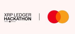 The image displays a banner for the "XRP LEDGER HACKATHON" alongside the iconic Mastercard logo featuring overlapping red and yellow circles, visually confirming Mastercard's official sponsorship of the XRP Ledger Hackathon.