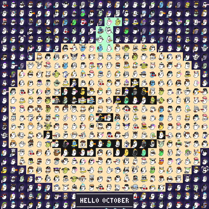 A pixel art image displays a large grid of small cat characters in various costumes, with the text 'HELLO OCTOBER' at the bottom.