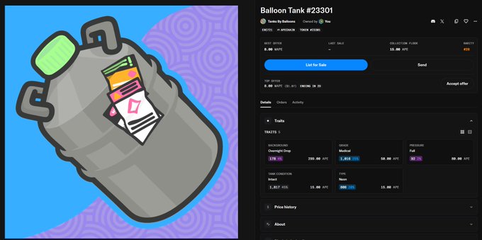 A split image showing a cartoon illustration of a gas cylinder tank on the left and an NFT marketplace listing for "Balloon Tank #23301" with a price of 15.00 APE on the right.