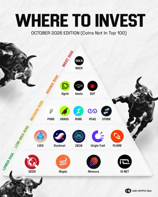 A pyramid infographic titled "WHERE TO INVEST - OCTOBER 2026 EDITION (Coins Not In Top 100)" categorizing cryptocurrencies from "MOST RISK" (NOCK) down to "LOWER RISK" (GEOD, Maple, Meteora, IO NET), with bull imagery flanking the sides. Key coins include Dgrid, Keeta, DOT, PONS, GRASS, RUNE, PEAQ, STONK, LIDO, Starknet, ZBCN, Origin Trail, and PLUME.
