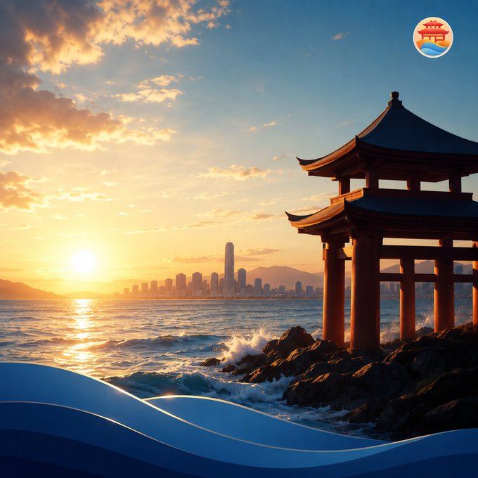 A scenic sunset view shows a traditional Japanese torii gate standing on rocky shores with waves crashing against the stones, overlooking a city skyline across the water. A blue decorative wave banner appears at the bottom, and a small red icon is in the top right corner.