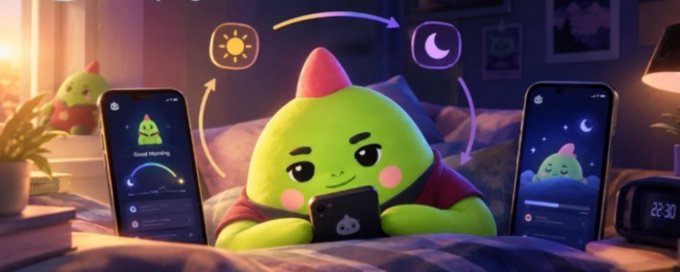 A digital illustration of a cute green character with a red horn holding a phone, surrounded by phone screens showing 'Good Morning' and night mode, with sun and moon icons indicating day/night cycle.