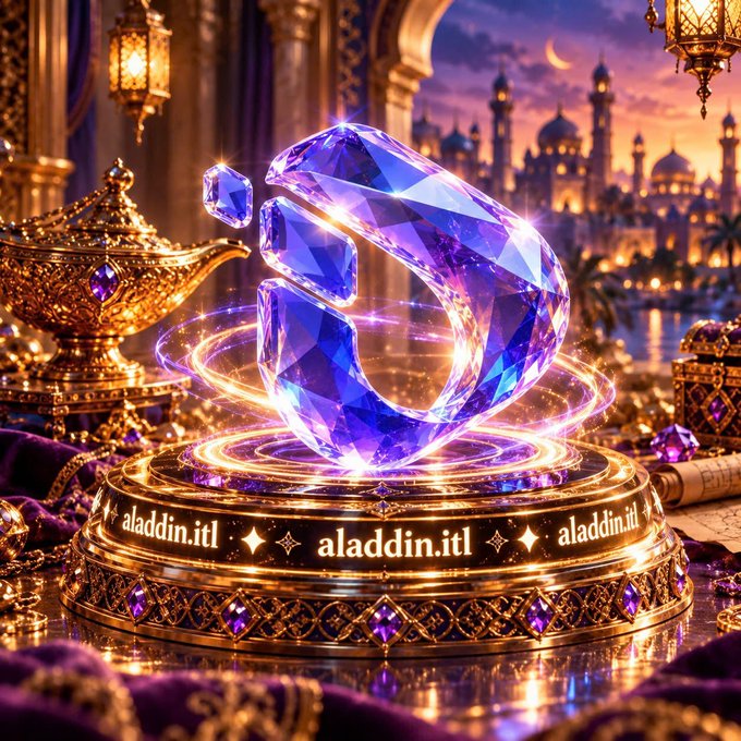 A vibrant fantasy scene featuring a glowing purple crystal on a golden pedestal displaying 'aladdin.itl' text, surrounded by ornate Middle Eastern decor, gold treasures, and a palace skyline at dusk.