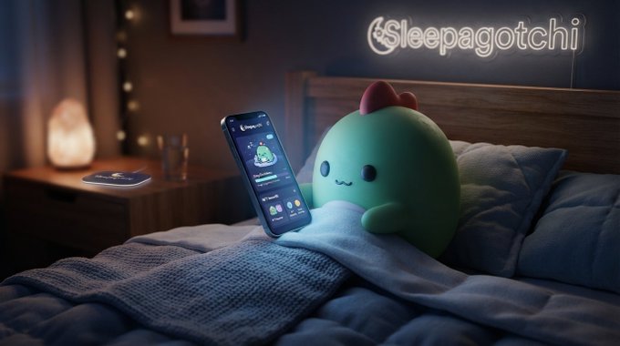 An advertisement for Sleepagotchi shows a green plush mascot lying in bed at night next to a smartphone displaying a sleep-tracking app.
