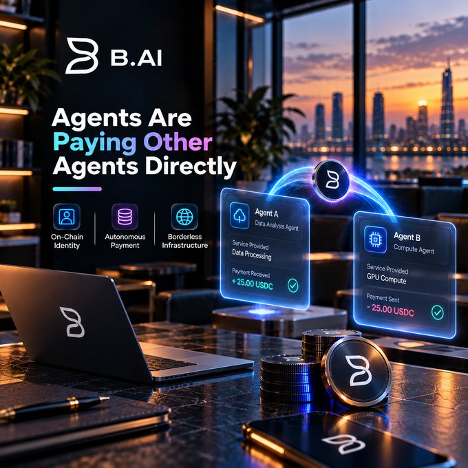 A promotional graphic for 'B.AI' features the headline 'Agents Are Paying Other Agents Directly' and illustrates a transaction between 'Agent A Data Analysis Agent' and 'Agent B Compute Agent' with USDC payments.