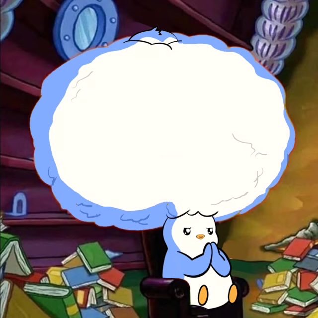A sad-looking blue penguin character sits in a chair surrounded by scattered books, with a large empty thought bubble above its head. The melancholic pose and empty thought bubble symbolize the post's central question—expressing confusion or concern about why $PENGU (Pudgy Penguins) is undervalued despite its Top 20 earnings potential.