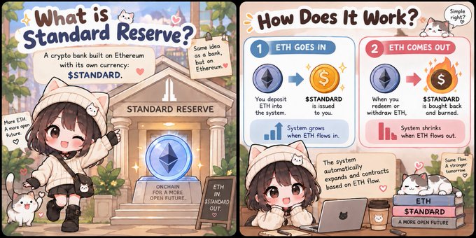 A two-panel anime-style infographic explaining 'Standard Reserve,' a crypto bank on Ethereum using $STANDARD currency, showing 'ETH Goes In / $STANDARD is Issued' and 'ETH Comes Out / $STANDARD is Burned' flow mechanics.