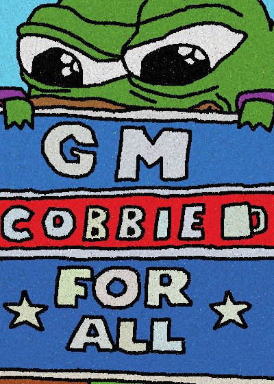 A cartoon-style illustration of a green frog character holding up a sign that reads 'GM COBBIE FOR ALL' with stars on either side of the bottom text.