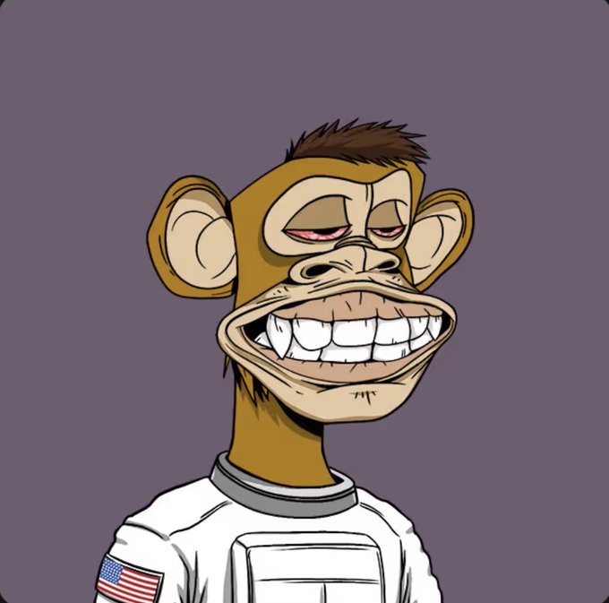 A cartoon illustration of a bored-looking monkey with half-closed eyes wearing a white astronaut suit featuring an American flag patch.