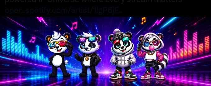 Four cartoon red panda characters dressed in colorful streetwear (sunglasses, jackets, beanie, headphones) dancing on a neon-lit stage with music notes and equalizer bars in the background, with partially visible text at the top including a Spotify artist link.