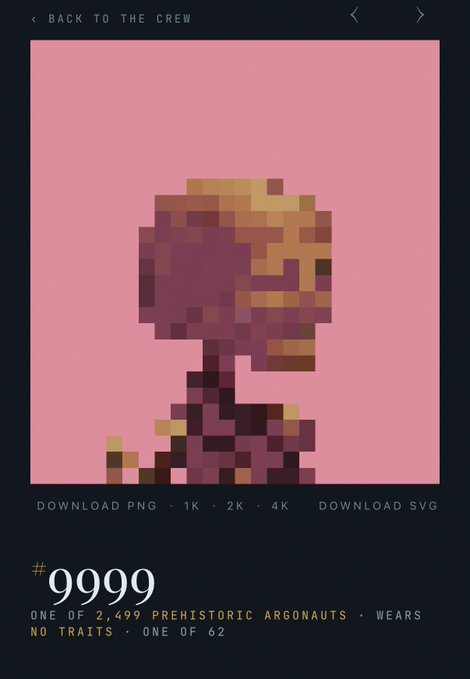 A pixelated NFT portrait titled '#9999 ONE OF 2,499 PREHISTORIC ARGONAUTS' displayed with download options for PNG and SVG formats.
