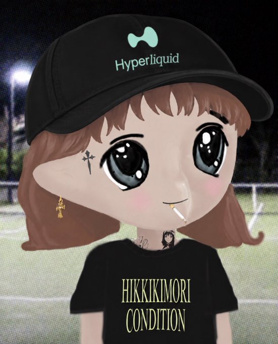 An anime-style chibi character with brown hair wears a black 'Hyperliquid' cap, a 'HIKKIKIMORI CONDITION' t-shirt, gold cross earring, and a cigarette, set against a soccer field backdrop.