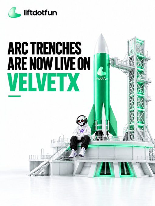 A promotional advertisement for 'liftdotfun' featuring the text 'ARC TRENCHES ARE NOW LIVE ON VELVETX', showing a green rocket on a launch pad with an astronaut-like figure sitting beside it.