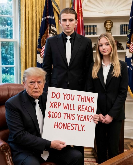Donald Trump seated in the Oval Office with two young people (Barron and Tiffany Trump) standing behind him, holding a sign reading 'DO YOU THINK XRP WILL REACH $100 THIS YEAR? HONESTLY.'