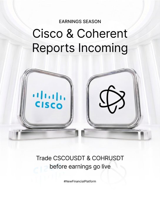 Marketing graphic titled 'EARNINGS SEASON: Cisco & Coherent Reports Incoming' showing the Cisco and Coherent logos on glass cubes, with text 'Trade CSCOUSDT & COHRUSDT before earnings go live'.