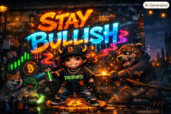 An AI-generated vibrant digital artwork featuring a cartoon character wearing a Bitcoin cap holding a spray can, next to an angry bear, with the graffiti-style text "STAY BULLISH" in the background.