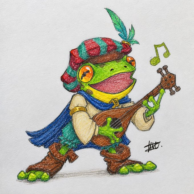 A colored pencil illustration of a green frog musician wearing a feathered hat, cape, and boots while playing a lute with music notes floating by.