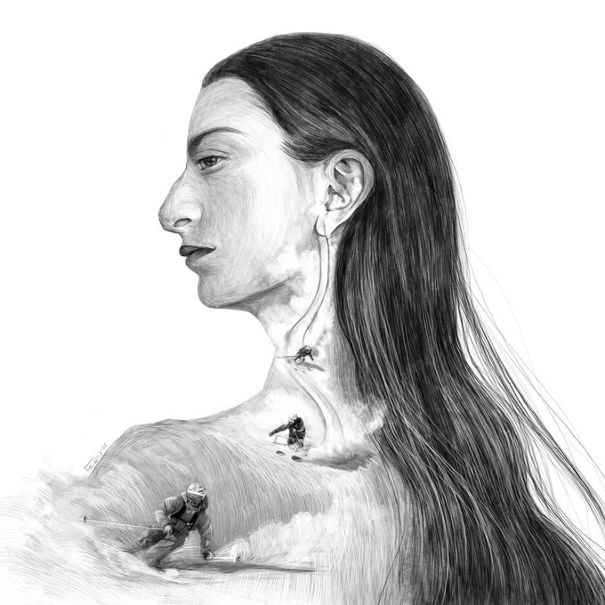 A detailed pencil sketch of a woman in profile with long hair, featuring miniature scenes of a skier on a snowy slope and other small figures on her shoulder and chest.