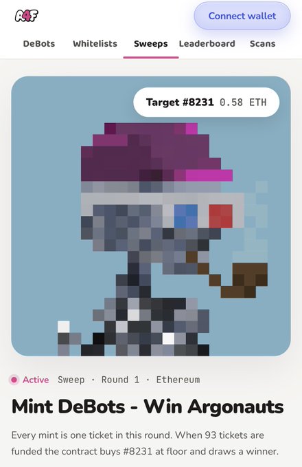 The image shows a screenshot of a web page displaying "Mint DeBots - Win Argonauts" — a sweepstakes with Target #8231 at 0.58 ETH, featuring a pixelated astronaut character and noting that every mint serves as a ticket, with 93 tickets needed to fund the contract and draw a winner. This visually supports the post's announcement of the first mint combining a raffle sweepstakes with DeBots + Argonauts tickets.