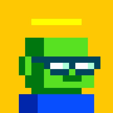 A pixel art depiction of a green square character with a black visor/headband and a yellow halo, set against an orange background.