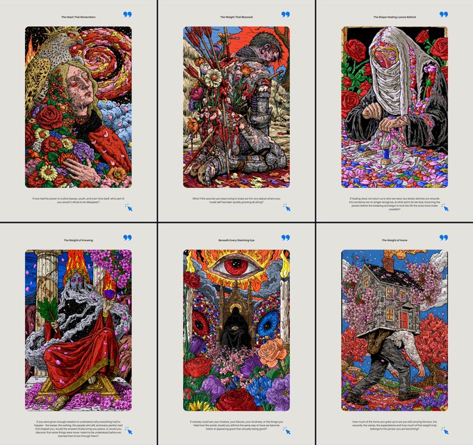 A collection of six colorful tarot-style illustration cards with titles 'The Heart That Reverberates', 'The Weight That Returned', 'The Shape Healing Leaves Behind', 'The Weight of Knowing', 'Beneath Every Watching Eye', and 'The Weight of Home', each with descriptive text below.