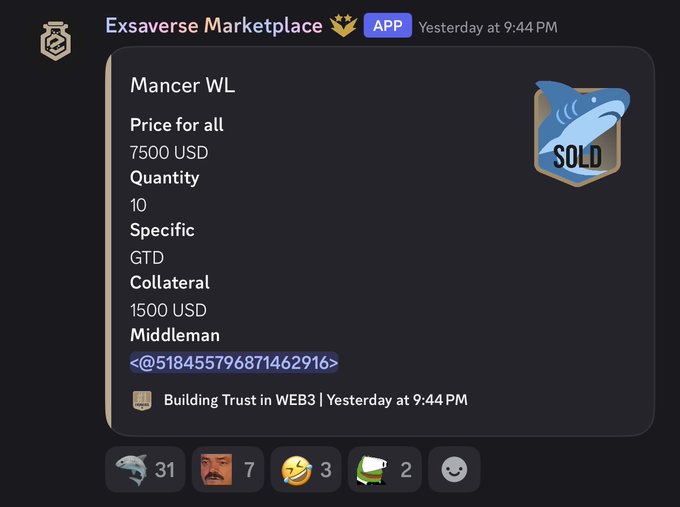 An Exsaverse Marketplace Discord post showing a 'Mancer WL' listing priced at 7500 USD with quantity of 10, sold by user @518455796871462916 with 1500 USD collateral.