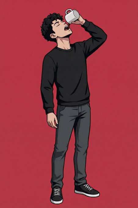 An anime-style illustration of a young man with curly black hair, wearing a black sweater and dark pants, chugging from a white mug against a solid red background.