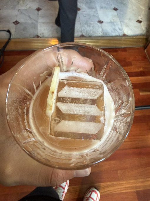 A hand holding a glass cup filled with a brownish drink and three large rectangular ice cubes with a slice of lemon.