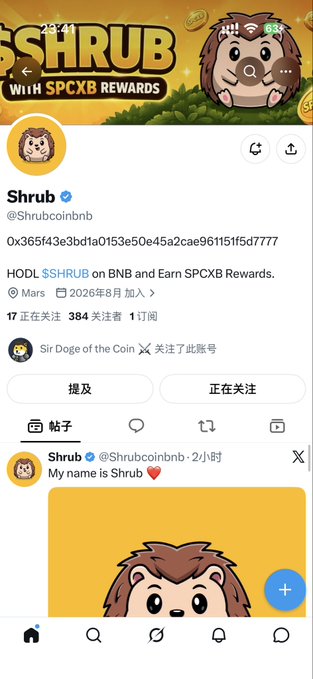 A screenshot of the Twitter/X profile for Shrub (@Shrubcoinbnb) displays the "SHRUB" banner and the post "My name is Shrub ❤️".