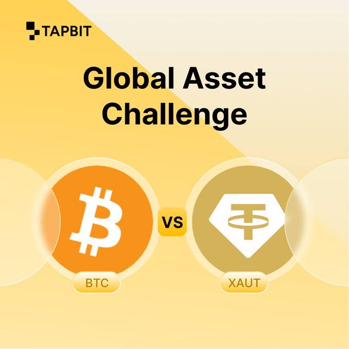 TapBit 'Global Asset Challenge' graphic comparing Bitcoin (BTC) vs tokenized gold (XAUT) with their respective logos.
