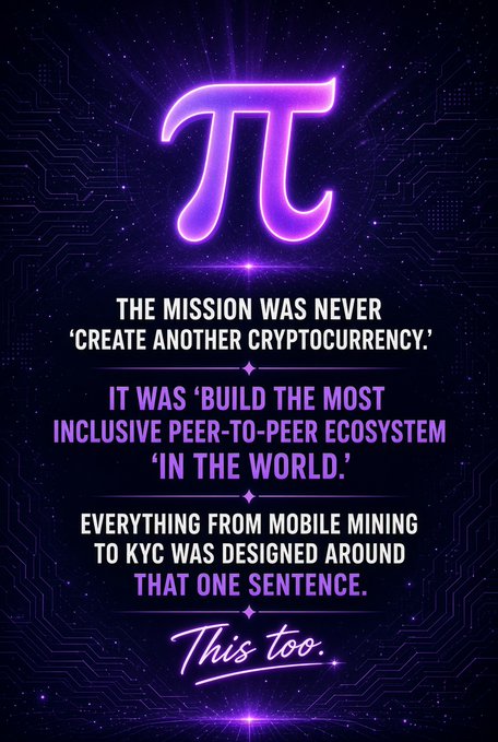 A promotional graphic with a glowing purple Pi symbol and text stating 'THE MISSION WAS NEVER 'CREATE ANOTHER CRYPTOCURRENCY.'' and other Pi Network messaging.