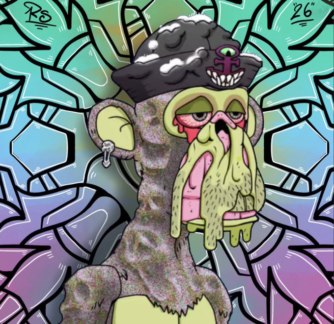 A cartoon illustration of a grotesque figure with a long drooping mustache, pink nose, and an anchor-hat, set against a graffiti-style background with 'RO' and ''26' in the top corners.