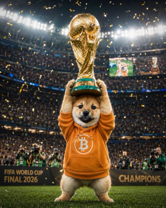 The image features a dog standing on its hind legs, holding a trophy above its head with both paws. The trophy appears to be made of gold or bronze material, and the dog's position suggests that it has won an award. In the background, there are people present who seem to be celebrating the dog's achievement. The post includes text about the World Cup Final 2016, which is likely related to the event where the dog won its trophy.