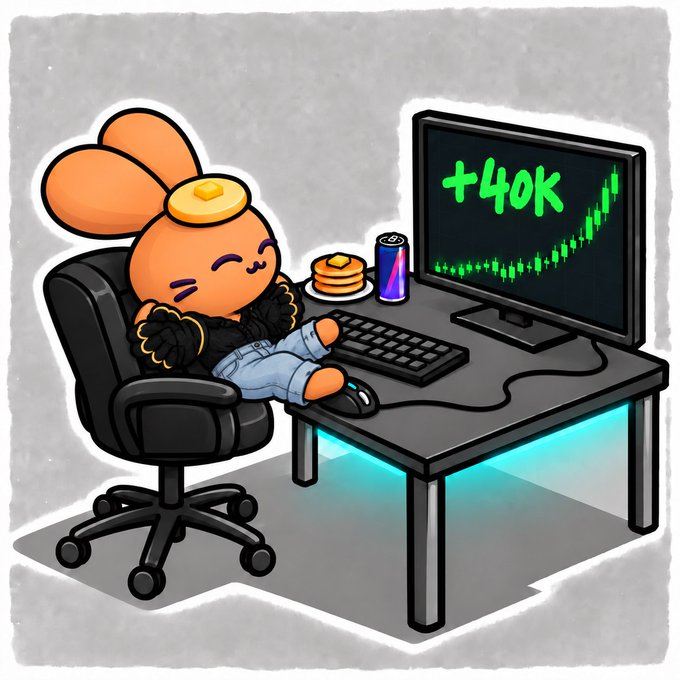 A cartoon illustration of a bunny character with a pat of butter on its head, lounging in a gaming chair with feet up, looking at a computer monitor displaying '+40K' in green with an upward stock chart, alongside pancakes and an energy drink.