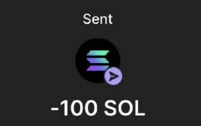 A crypto wallet interface showing a sent transaction of "-100 SOL" using the Solana logo, implying the poster lost 100 Solana coins—used by the post to lure viewers with the promise "been dropping wallets? never won? Join t.me/MarketInsiderIG, I'm about to change that."